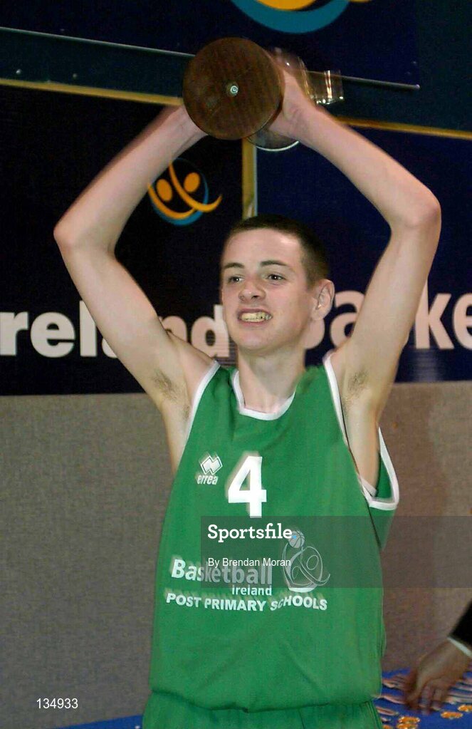 23 March 2004; Ard Scoil Ris captain Stuart Hehir lifts the cup after victory over St Nathy's. All-Ireland Schoolboys Basketball League, U16 'B' Final, St Nathy's Co. Roscommon v Ard Scoil Ris, Limerick, ESB Arena, Tallaght, Dublin. Picture credit; Brendan Moran / SPORTSFILE *EDI*