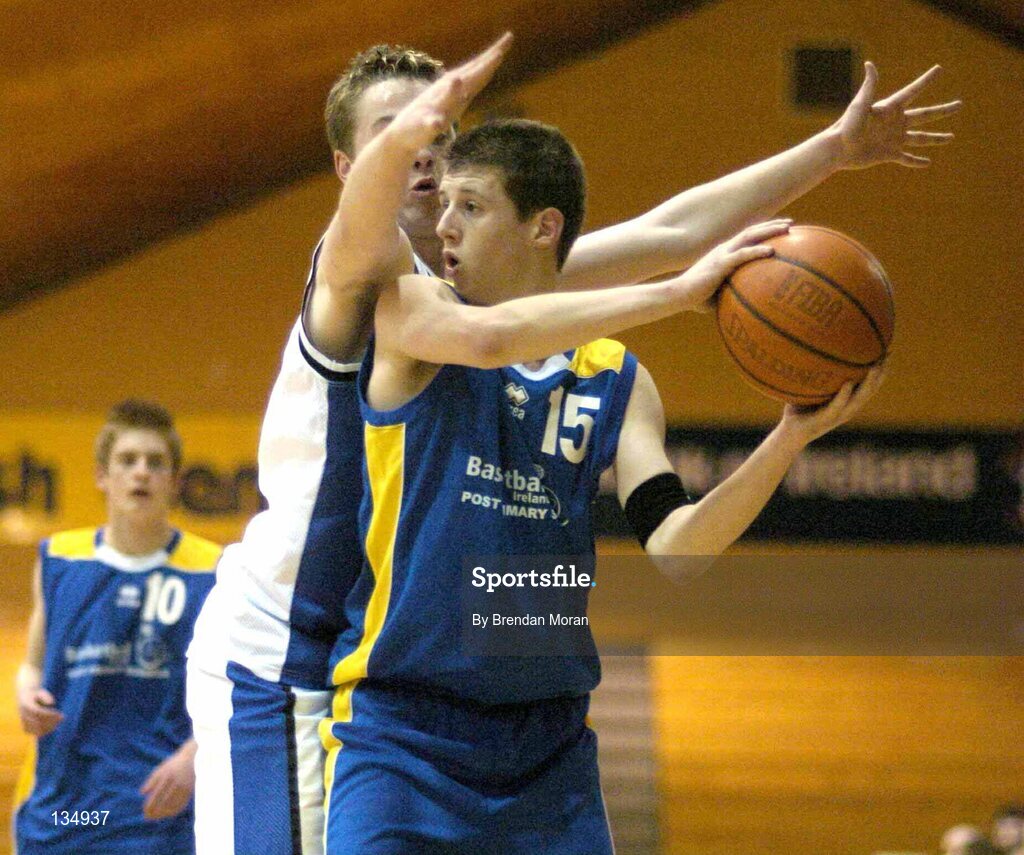 23 March 2004; Sean Stack, St Pat's, in action against Tony Brady, St Aidan's. All-Ireland Schoolboys Basketball League, U19 'C'  Final, St Aidan's, Cootehill, Co. Cavan v St Patrick's Comprehensive, Shannon, Co. Clare, ESB Arena, Tallaght, Dublin. Picture credit; Brendan Moran / SPORTSFILE *EDI*