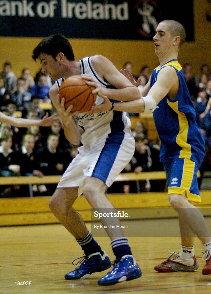 23 March 2004; Michael McDonald, St Aidan's, in action against Barry Leamy, St Pat's. All-Ireland Schoolboys Basketball League, U19 'C'  Final, St Aidan's, Cootehill, Co. Cavan v St Patrick's Comprehensive, Shannon, Co. Clare, ESB Arena, Tallaght, Dublin. Picture credit; Brendan Moran / SPORTSFILE *EDI*