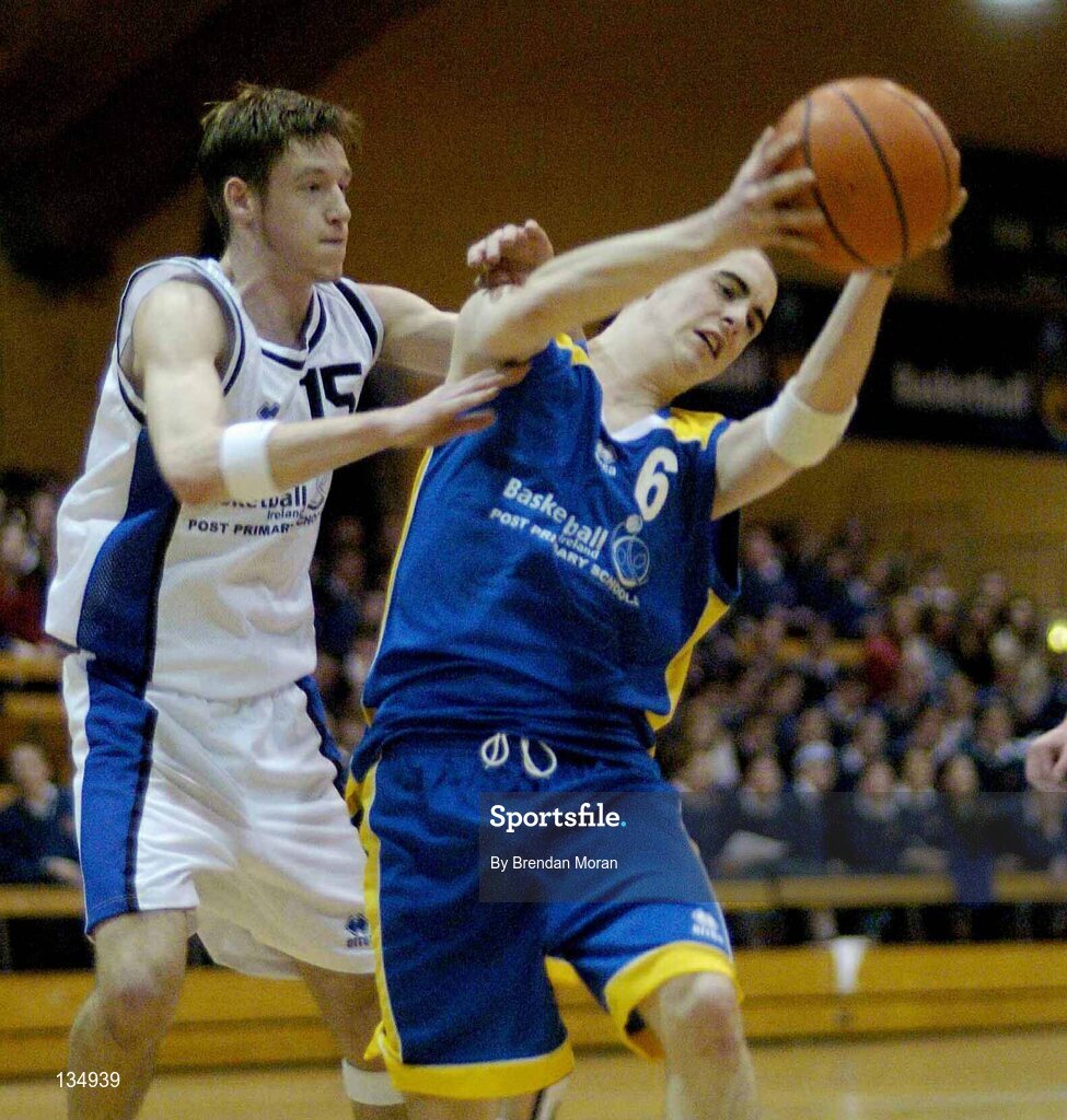 23 March 2004; Barry Leamy, St Pat's, in action against Sean Fitzpatrick, St Aidan's. All-Ireland Schoolboys Basketball League, U19 'C'  Final, St Aidan's, Cootehill, Co. Cavan v St Patrick's Comprehensive, Shannon, Co. Clare, ESB Arena, Tallaght, Dublin. Picture credit; Brendan Moran / SPORTSFILE *EDI*