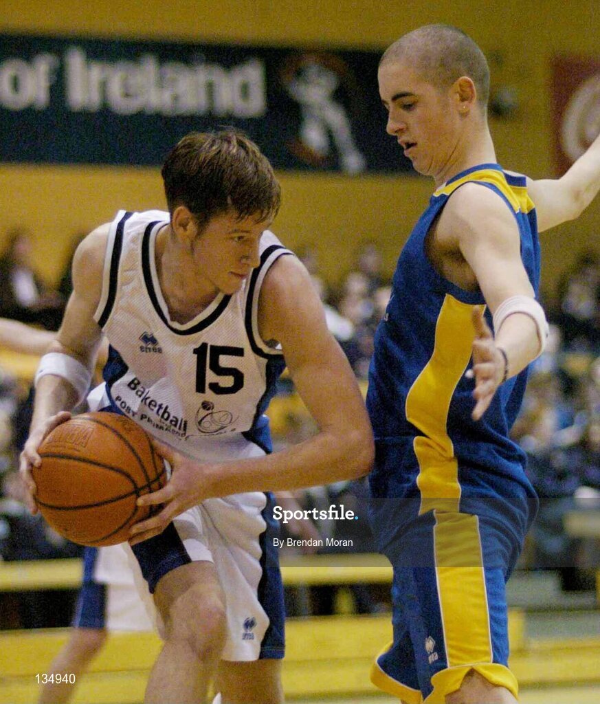 23 March 2004; Sean Fitzpatrick, St Aidan's, in action against Barry Leamy, St Pat's. All-Ireland Schoolboys Basketball League, U19 'C'  Final, St Aidan's, Cootehill, Co. Cavan v St Patrick's Comprehensive, Shannon, Co. Clare, ESB Arena, Tallaght, Dublin. Picture credit; Brendan Moran / SPORTSFILE *EDI*