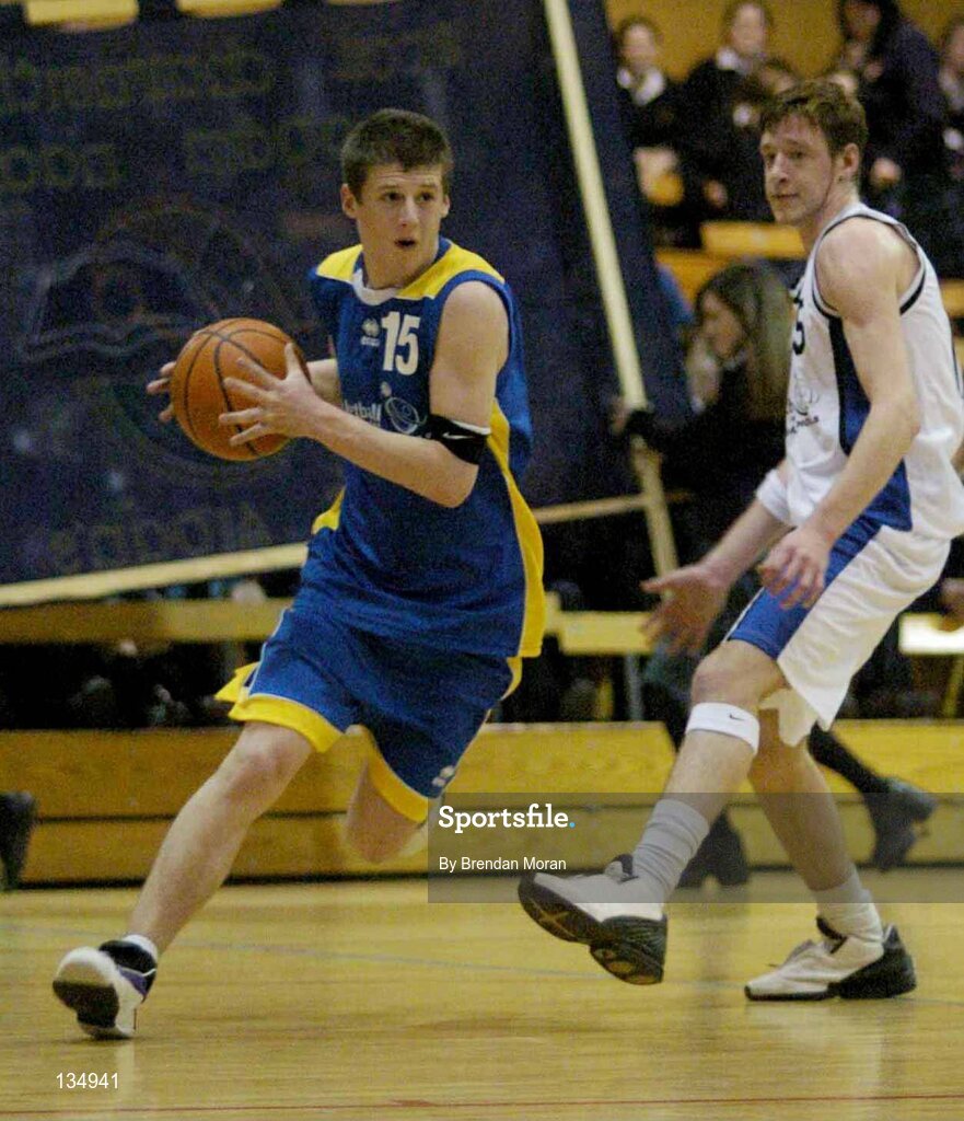 23 March 2004; Sean Stack, St Pat's, in action against Sean Fitzpatrick, St Aidan's. All-Ireland Schoolboys Basketball League, U19 'C'  Final, St Aidan's, Cootehill, Co. Cavan v St Patrick's Comprehensive, Shannon, Co. Clare, ESB Arena, Tallaght, Dublin. Picture credit; Brendan Moran / SPORTSFILE *EDI*