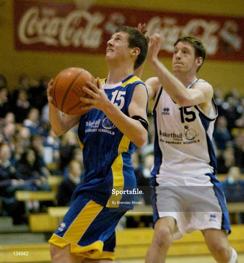 23 March 2004; Sean Stack, St Pat's, in action against Sean Fitzpatrick, St Aidan's. All-Ireland Schoolboys Basketball League, U19 'C'  Final, St Aidan's, Cootehill, Co. Cavan v St Patrick's Comprehensive, Shannon, Co. Clare, ESB Arena, Tallaght, Dublin. Picture credit; Brendan Moran / SPORTSFILE *EDI*
