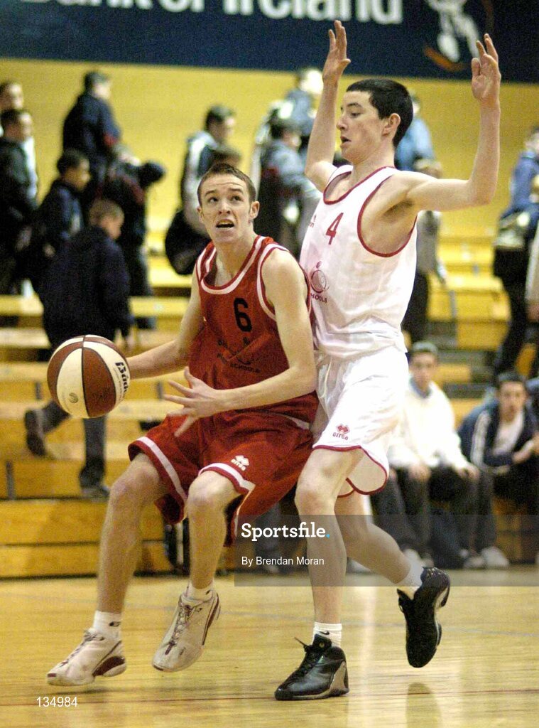 24 March 2004; Darren O'Moore, St Fintan's, in action against Cian Nihill, St Joseph's. All-Ireland Schoolboys Basketball League, U16 'A'  Final, St Joseph's Patrician College, Galway v St Fintan's, Sutton, Dublin, ESB Arena, Tallaght, Dublin. Picture credit; Brendan Moran / SPORTSFILE *EDI*