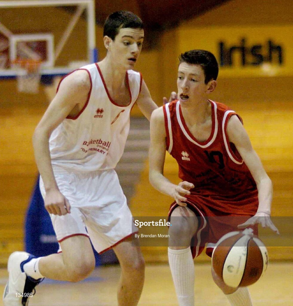 24 March 2004; Jody O'Neill, St Fintan's, in action against Paul O'Brien, St Joseph's. All-Ireland Schoolboys Basketball League, U16 'A'  Final, St Joseph's Patrician College, Galway v St Fintan's, Sutton, Dublin, ESB Arena, Tallaght, Dublin. Picture credit; Brendan Moran / SPORTSFILE *EDI*