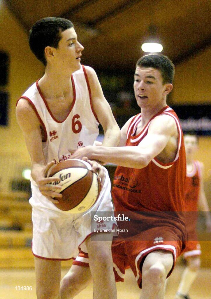24 March 2004; Paul O'Brien, St Joseph's, in action against Michael Chubb, St Fintan's. All-Ireland Schoolboys Basketball League, U16 'A'  Final, St Joseph's Patrician College, Galway v St Fintan's, Sutton, Dublin, ESB Arena, Tallaght, Dublin. Picture credit; Brendan Moran / SPORTSFILE *EDI*