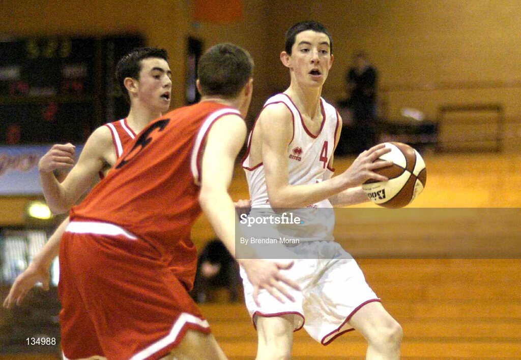 24 March 2004; Cian Nihill, St Joseph's, in action against Jody O'Neill and Darren O'Moore (6), St Fintan's. All-Ireland Schoolboys Basketball League, U16 'A'  Final, St Joseph's Patrician College, Galway v St Fintan's, Sutton, Dublin, ESB Arena, Tallaght, Dublin. Picture credit; Brendan Moran / SPORTSFILE *EDI*