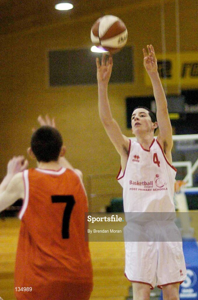 24 March 2004; Cian Nihill, St Joseph's, in action against Michael Henerby, St Fintan's. All-Ireland Schoolboys Basketball League, U16 'A'  Final, St Joseph's Patrician College, Galway v St Fintan's, Sutton, Dublin, ESB Arena, Tallaght, Dublin. Picture credit; Brendan Moran / SPORTSFILE *EDI*
