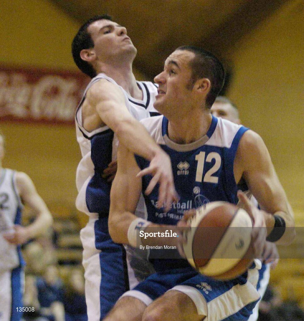 24 March 2004; John Dowling, Mercy Mounthawk, in action against Ronan McGrath, Malahide. All-Ireland Schoolboys Basketball League, U19 'B'  Final, Malahide Community School, Dublin v Mercy Mounthawk, Tralee, Co. Kerry, ESB Arena, Tallaght, Dublin. Picture credit; Brendan Moran / SPORTSFILE *EDI*