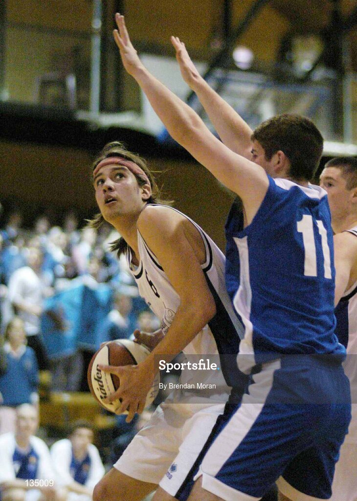 24 March 2004; Juan Pablo Flores, Malahide, in action against Padraig Harrington (11), Mercy Mounthawk. All-Ireland Schoolboys Basketball League, U19 'B'  Final, Malahide Community School, Dublin v Mercy Mounthawk, Tralee, Co. Kerry, ESB Arena, Tallaght, Dublin. Picture credit; Brendan Moran / SPORTSFILE *EDI*