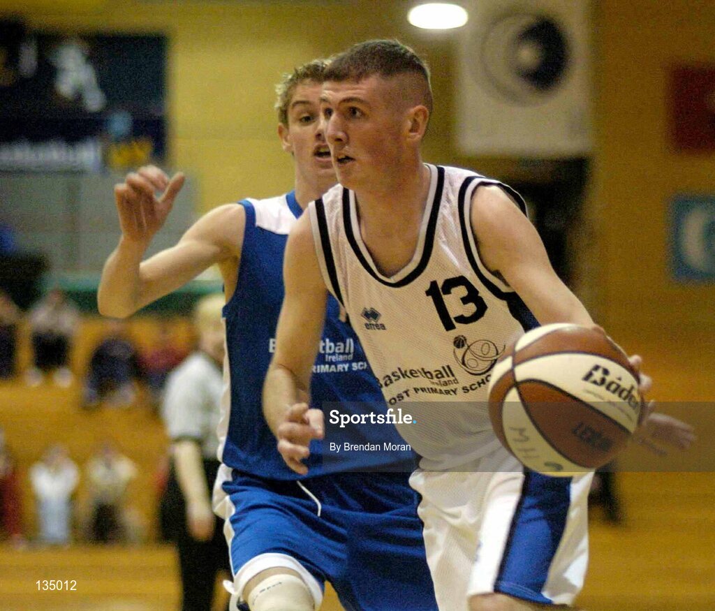 24 March 2004; Rob Delaney, Malahide, in action against Ronan Hartnett, Mercy Mounthawk. All-Ireland Schoolboys Basketball League, U19 'B'  Final, Malahide Community School, Dublin v Mercy Mounthawk, Tralee, Co. Kerry, ESB Arena, Tallaght, Dublin. Picture credit; Brendan Moran / SPORTSFILE *EDI*