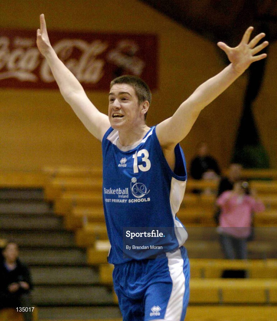 24 March 2004; Cillian Moran, Mercy Mounthawk, celebrates victory over Malahide at the final whistle. All-Ireland Schoolboys Basketball League, U19 'B'  Final, Malahide Community School, Dublin v Mercy Mounthawk, Tralee, Co. Kerry, ESB Arena, Tallaght, Dublin. Picture credit; Brendan Moran / SPORTSFILE *EDI*