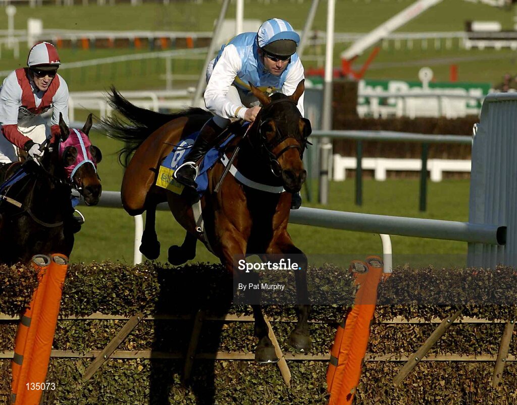 16 March 2004; Hardy Eustace, with Conor O'Dwyer up, jumps the last first time around during the Smurfit Champion Hurdle Challenge Trophy, Cheltenham Festival, Prestbury Park, Cheltenham, England. Horse Racing. Picture credit; Pat Murphy / SPORTSFILE *EDI*