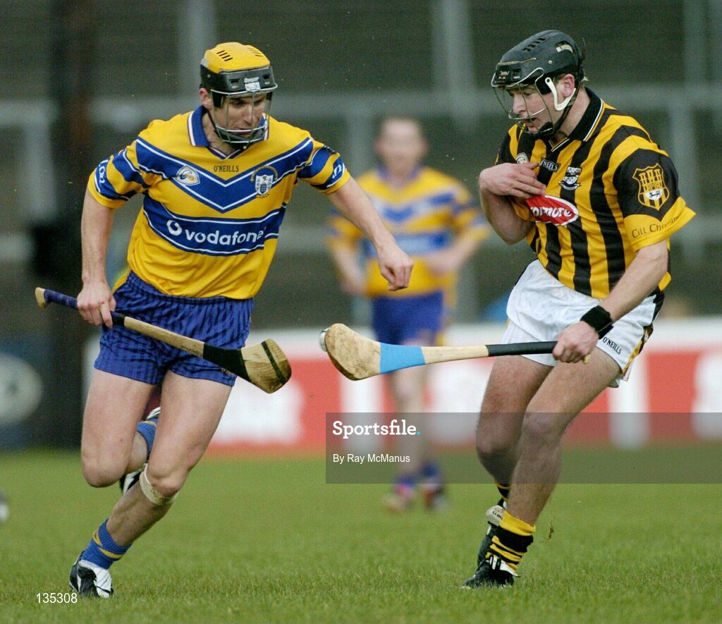 21 March 2004; Tony Griffin , Clare, in action against JJ Delaney, Kilkenny. Allianz Hurling League 2004, Division 1A, Round 4, Clare v Kilkenny, Cusack Park, Ennis, Co. Clare. Picture credit; Ray McManus / SPORTSFILE *EDI*