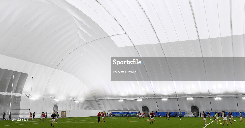 23 October 2021; Ballina Stephenites players warm up before the the Mayo County Senior Club Football Championship Quarter-Final match between Westport St Patrick's and Ballina Stephenites at Connacht GAA Centre in Bekan, Mayo. Photo by Matt Browne/Sportsfile