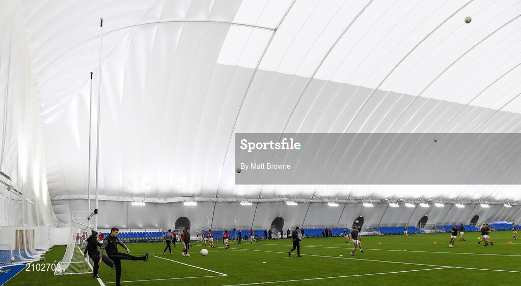 23 October 2021; Ballina Stephenites players warm up before the the Mayo County Senior Club Football Championship Quarter-Final match between Westport St Patrick's and Ballina Stephenites at Connacht GAA Centre in Bekan, Mayo. Photo by Matt Browne/Sportsfile