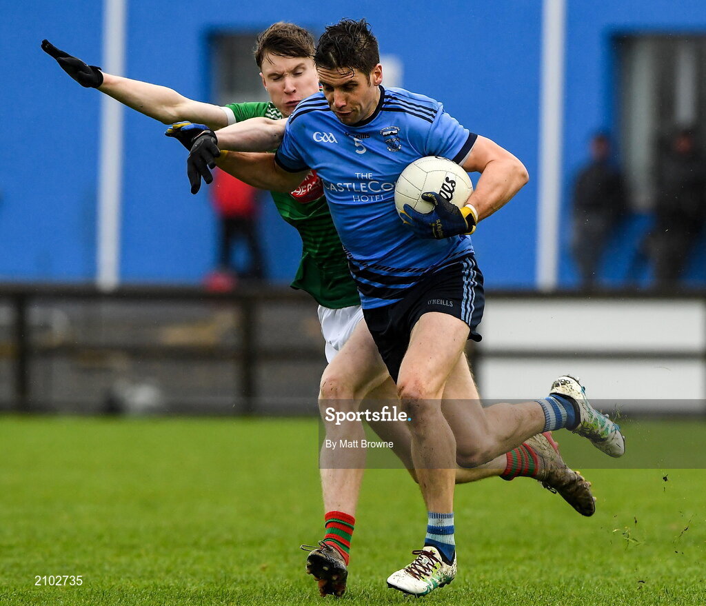 23 October 2021; Lee Keegan of Westport St Patrick's in action against Dylan Thornton of Ballina Stephenites during the Mayo County Senior Club Football Championship Quarter-Final match between Westport St Patrick's and Ballina Stephenites at Connacht GAA Centre in Bekan, Mayo. Photo by Matt Browne/Sportsfile