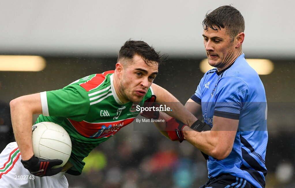23 October 2021; Ciaran Treacy of Ballina Stephenites in action against Berian McDermott of Westport St Patrick's during the Mayo County Senior Club Football Championship Quarter-Final match between Westport St Patrick's and Ballina Stephenites at Connacht GAA Centre in Bekan, Mayo. Photo by Matt Browne/Sportsfile