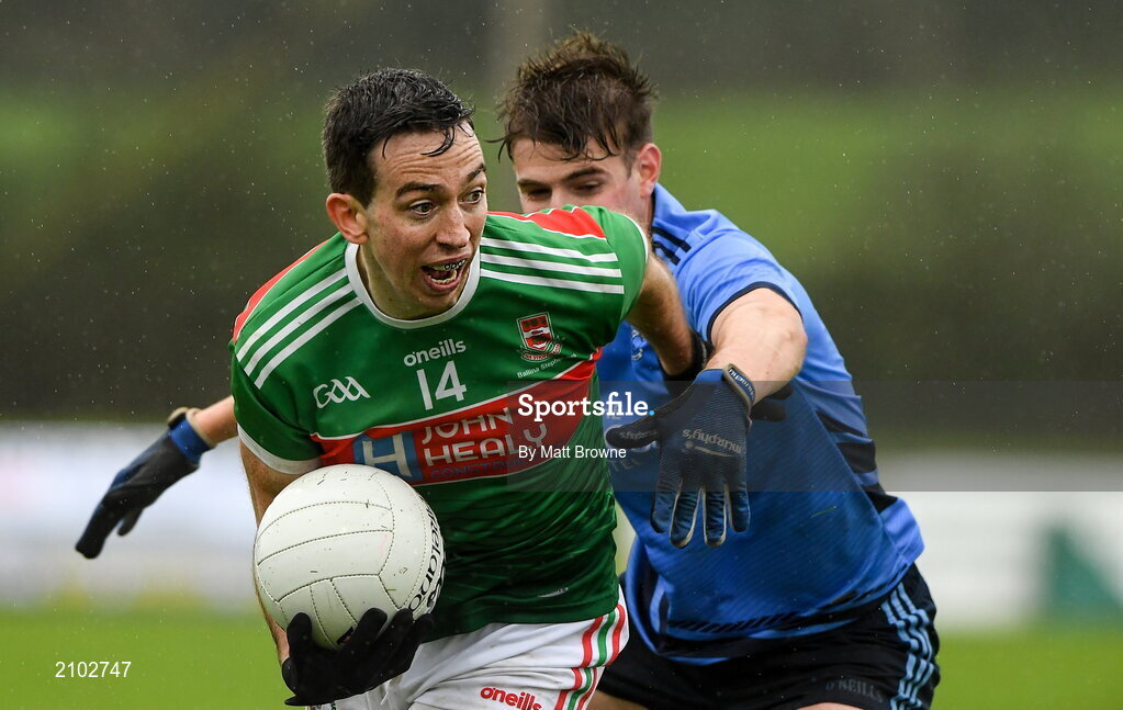23 October 2021; Evan Regan of Ballina Stephenites in action against Rory Brickenden of Westport St Patrick's during the Mayo County Senior Club Football Championship Quarter-Final match between Westport St Patrick's and Ballina Stephenites at Connacht GAA Centre in Bekan, Mayo. Photo by Matt Browne/Sportsfile