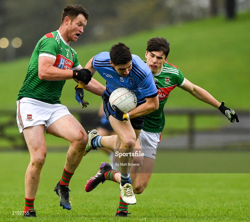 23 October 2021; Lee Keegan of Westport St Patrick's in action against Ciaran Sweeney and Sam Callinan of Ballina Stephenites during the Mayo County Senior Club Football Championship Quarter-Final match between Westport St Patrick's and Ballina Stephenites at Connacht GAA Centre in Bekan, Mayo. Photo by Matt Browne/Sportsfile