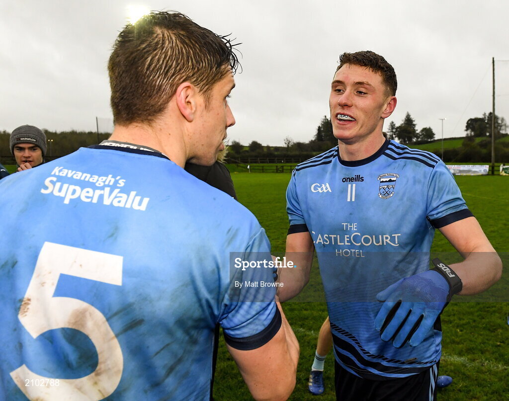23 October 2021; Lee Keegan of Westport St Patrick's congratulates Fionn McDonagh, right, after the Mayo County Senior Club Football Championship Quarter-Final match between Westport St Patrick's and Ballina Stephenites at Connacht GAA Centre in Bekan, Mayo. Photo by Matt Browne/Sportsfile