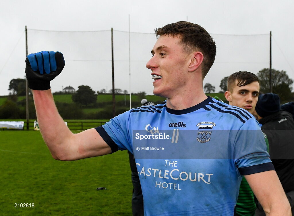 23 October 2021; Westport St Patrick's match winner Fionn McDonagh celebrates after the Mayo County Senior Club Football Championship Quarter-Final match between Westport St Patrick's and Ballina Stephenites at Connacht GAA Centre in Bekan, Mayo. Photo by Matt Browne/Sportsfile