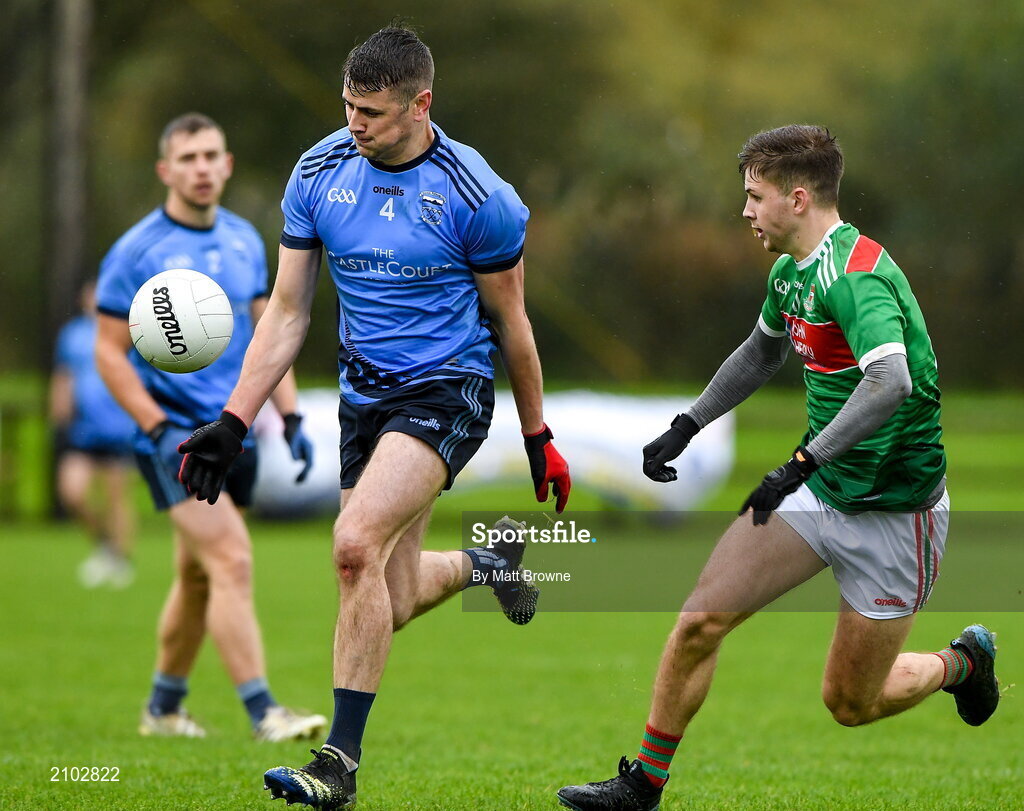 23 October 2021; Brian McDermott of Westport St Patrick's in action against Conor McStay of Ballina Stephenites during the Mayo County Senior Club Football Championship Quarter-Final match between Westport St Patrick's and Ballina Stephenites at Connacht GAA Centre in Bekan, Mayo. Photo by Matt Browne/Sportsfile