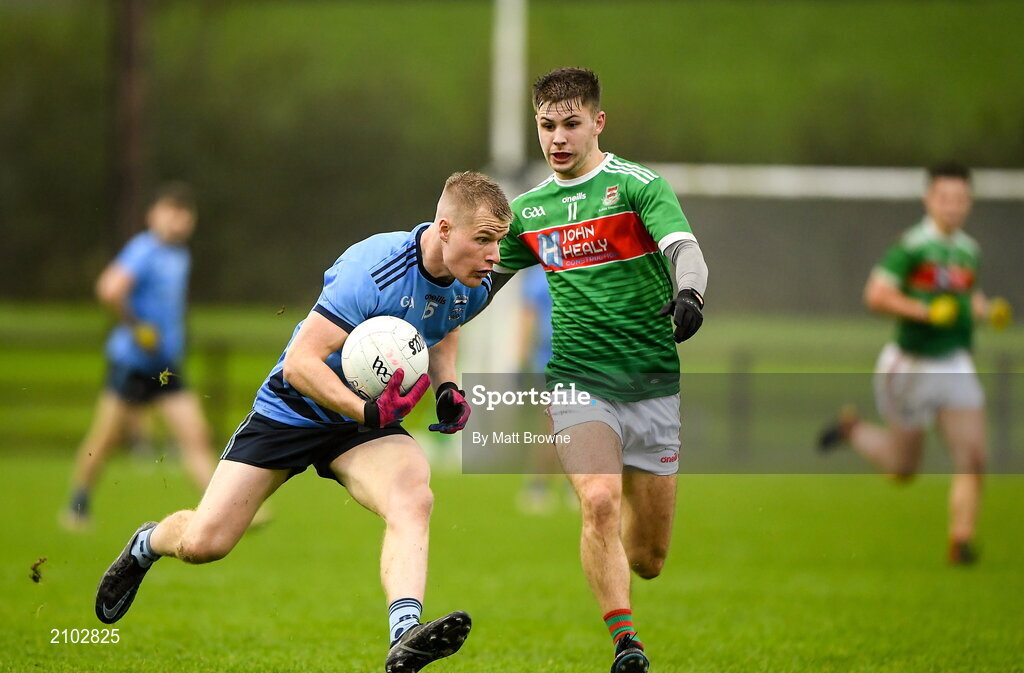 23 October 2021; Alan Kennedy of Westport St Patrick's in action against Conor McStay of Ballina Stephenites during the Mayo County Senior Club Football Championship Quarter-Final match between Westport St Patrick's and Ballina Stephenites at Connacht GAA Centre in Bekan, Mayo. Photo by Matt Browne/Sportsfile