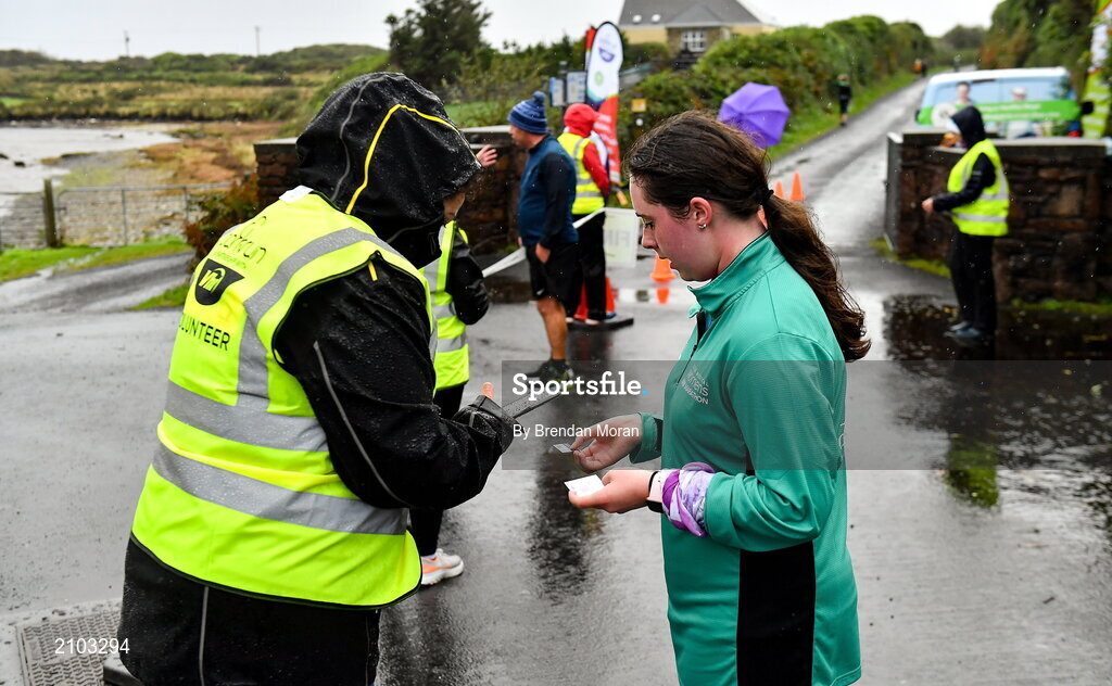 23 October 2021; Parkrun Ireland in partnership with Vhi, added a new parkrun at Achill Greenway on Saturday, 23rd of October, with the introduction of the Achill Greenway parkrun at Achill Greenway, Great Western Greenway in Achill, Mayo. Parkruns take place over a 5km course weekly, are free to enter and are open to all ages and abilities, providing a fun and safe environment to enjoy exercise. To register for a parkrun near you visit www.parkrun.ie. Pictured at the parkrun are volunteers at the finish line. Photo by Brendan Moran/Sportsfile