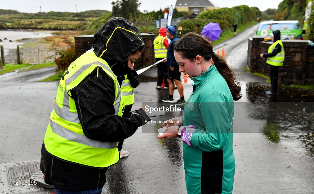 23 October 2021; Parkrun Ireland in partnership with Vhi, added a new parkrun at Achill Greenway on Saturday, 23rd of October, with the introduction of the Achill Greenway parkrun at Achill Greenway, Great Western Greenway in Achill, Mayo. Parkruns take place over a 5km course weekly, are free to enter and are open to all ages and abilities, providing a fun and safe environment to enjoy exercise. To register for a parkrun near you visit www.parkrun.ie. Pictured at the parkrun are volunteers at the finish line. Photo by Brendan Moran/Sportsfile