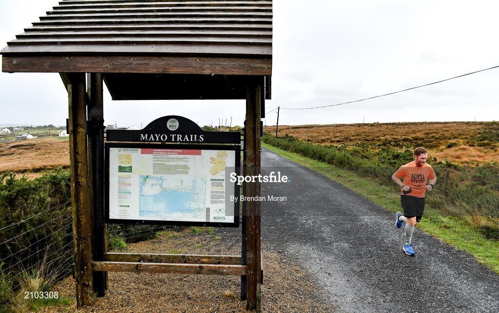 23 October 2021; Parkrun Ireland in partnership with Vhi, added a new parkrun at Achill Greenway on Saturday, 23rd of October, with the introduction of the Achill Greenway parkrun at Achill Greenway, Great Western Greenway in Achill, Mayo. Parkruns take place over a 5km course weekly, are free to enter and are open to all ages and abilities, providing a fun and safe environment to enjoy exercise. To register for a parkrun near you visit www.parkrun.ie. Pictured is a participant during the parkrun. Photo by Brendan Moran/Sportsfile