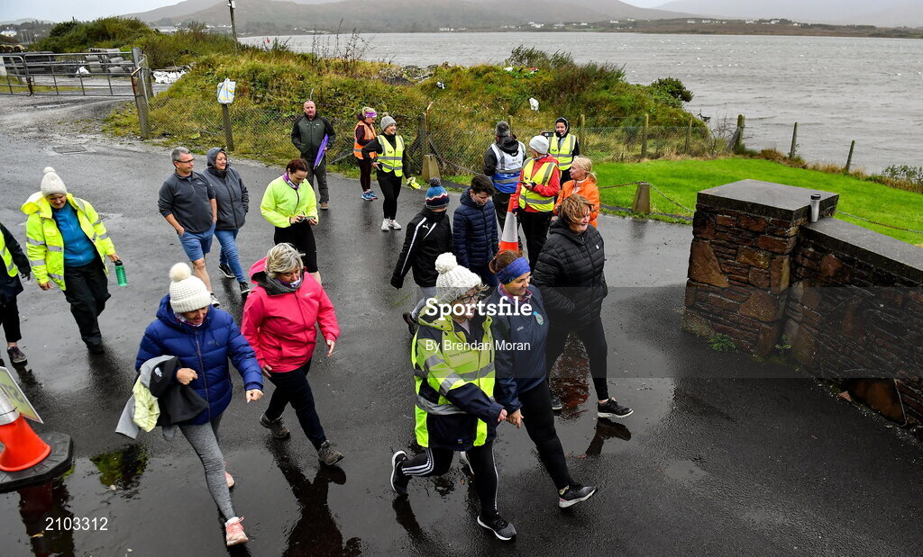 23 October 2021; Parkrun Ireland in partnership with Vhi, added a new parkrun at Achill Greenway on Saturday, 23rd of October, with the introduction of the Achill Greenway parkrun at Achill Greenway, Great Western Greenway in Achill, Mayo. Parkruns take place over a 5km course weekly, are free to enter and are open to all ages and abilities, providing a fun and safe environment to enjoy exercise. To register for a parkrun near you visit www.parkrun.ie. Pictured are participants at the start of the parkrun. Photo by Brendan Moran/Sportsfile
