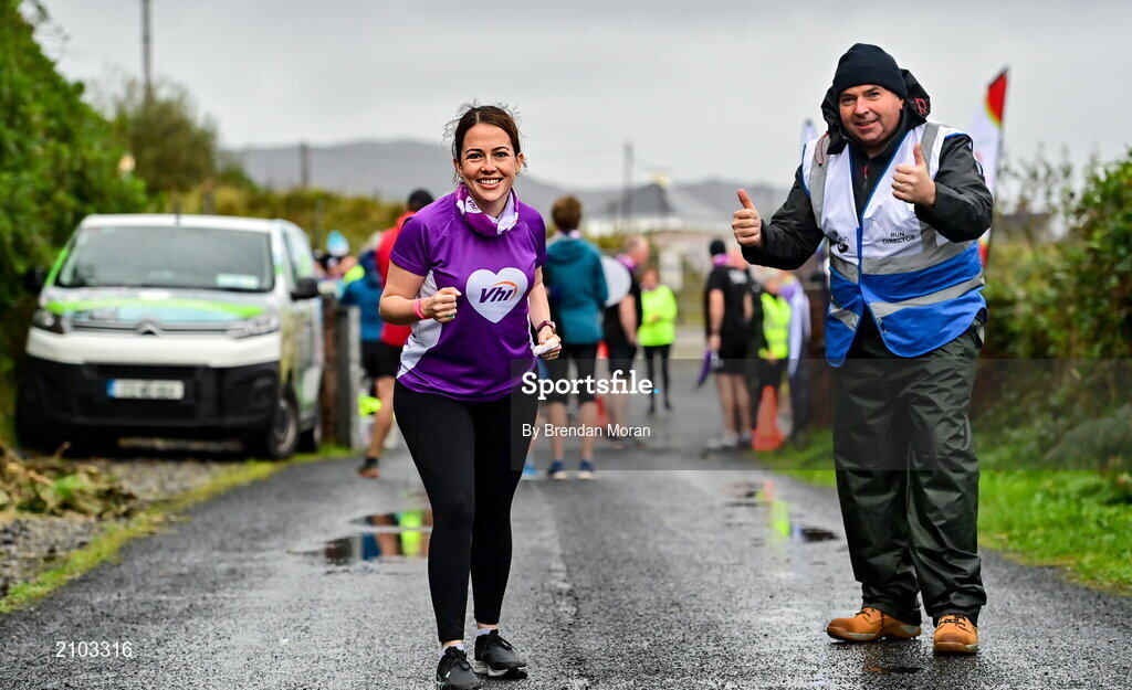23 October 2021; Parkrun Ireland in partnership with Vhi, added a new parkrun at Achill Greenway on Saturday, 23rd of October, with the introduction of the Achill Greenway parkrun at Achill Greenway, Great Western Greenway in Achill, Mayo. Parkruns take place over a 5km course weekly, are free to enter and are open to all ages and abilities, providing a fun and safe environment to enjoy exercise. To register for a parkrun near you visit www.parkrun.ie. Pictured at the parkrun is Nicola Shields from VHI and race director Chris McCarthy. Photo by Brendan Moran/Sportsfile