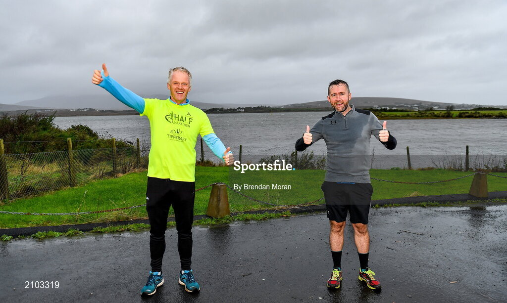 23 October 2021; Parkrun Ireland in partnership with Vhi, added a new parkrun at Achill Greenway on Saturday, 23rd of October, with the introduction of the Achill Greenway parkrun at Achill Greenway, Great Western Greenway in Achill, Mayo. Parkruns take place over a 5km course weekly, are free to enter and are open to all ages and abilities, providing a fun and safe environment to enjoy exercise. To register for a parkrun near you visit www.parkrun.ie. Pictured at the parkrun are Brian Courtney from Fermanagh, left, and Dominic Vesey from The Wirral in England. Photo by Brendan Moran/Sportsfile