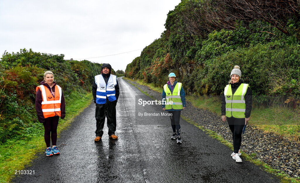 23 October 2021; Parkrun Ireland in partnership with Vhi, added a new parkrun at Achill Greenway on Saturday, 23rd of October, with the introduction of the Achill Greenway parkrun at Achill Greenway, Great Western Greenway in Achill, Mayo. Parkruns take place over a 5km course weekly, are free to enter and are open to all ages and abilities, providing a fun and safe environment to enjoy exercise. To register for a parkrun near you visit www.parkrun.ie. Pictured at the parkrun are volunteers, from left, Linda McGing, Race director Chris McCarthy, Michelle McNamara and Catherine Kilbane. Photo by Brendan Moran/Sportsfile