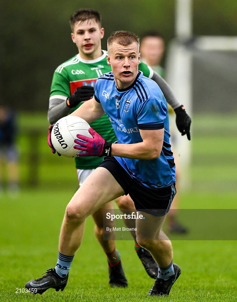 23 October 2021; Alan Kennedy of Westport St Patrick's in action against Conor McStay of Ballina Stephenites during the Mayo County Senior Club Football Championship Quarter-Final match between Westport St Patrick's and Ballina Stephenites at Connacht GAA Centre in Bekan, Mayo. Photo by Matt Browne/Sportsfile
