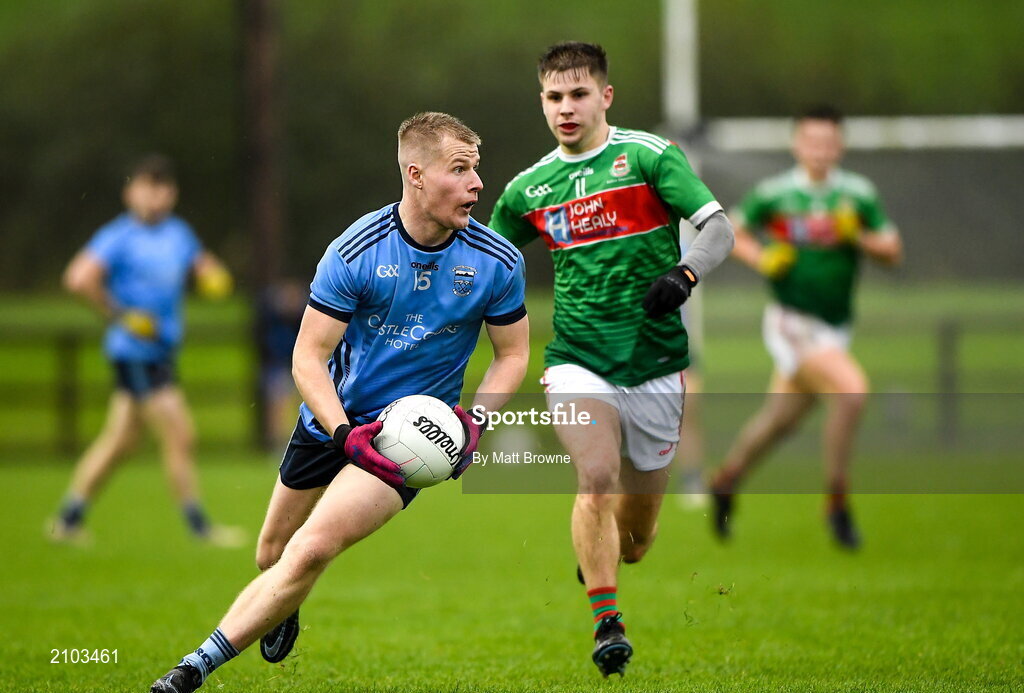 23 October 2021; Alan Kennedy of Westport St Patrick's in action against Conor McStay of Ballina Stephenites during the Mayo County Senior Club Football Championship Quarter-Final match between Westport St Patrick's and Ballina Stephenites at Connacht GAA Centre in Bekan, Mayo. Photo by Matt Browne/Sportsfile