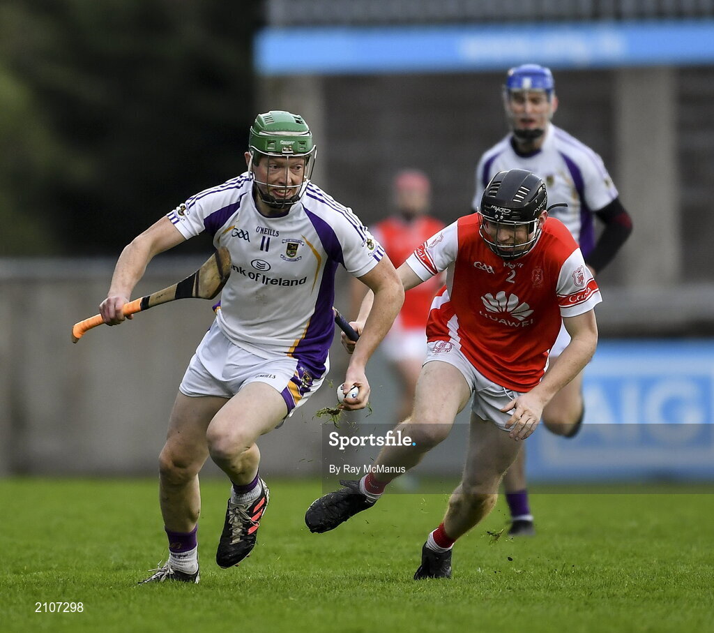 31 October 2021; Fergal Whitely of Kilmacud Crokes in action against Michael Conroy of Cuala during the Go Ahead Dublin County Senior Club Hurling Championship Semi-Final match between Cuala and Kilmacud Crokes at Parnell Park in Dublin. Photo by Ray McManus/Sportsfile