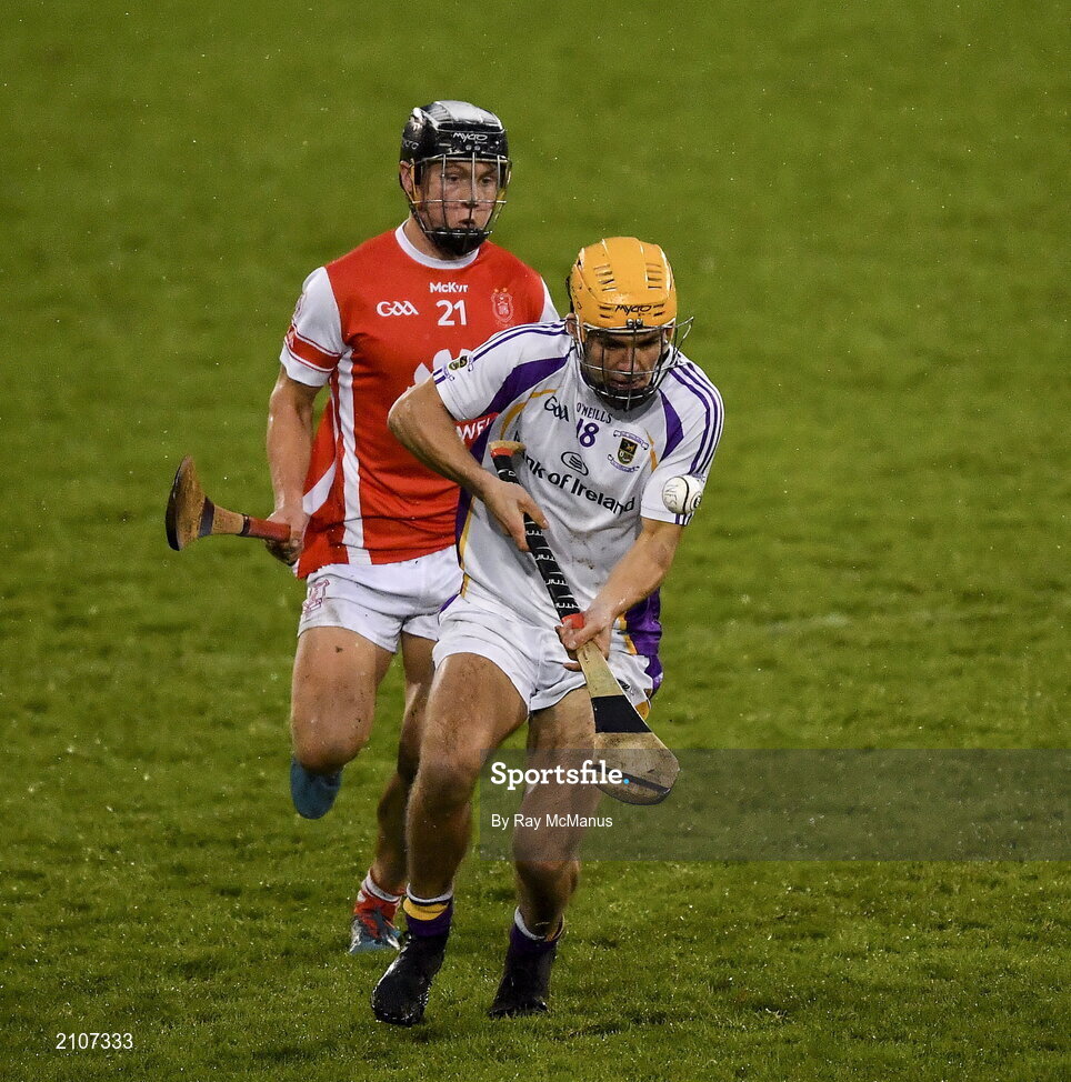 31 October 2021; James Dillon of Kilmacud Crokes in action against Eoghan O'Callaghan of Cuala during the Go Ahead Dublin County Senior Club Hurling Championship Semi-Final match between Cuala and Kilmacud Crokes at Parnell Park in Dublin. Photo by Ray McManus/Sportsfile