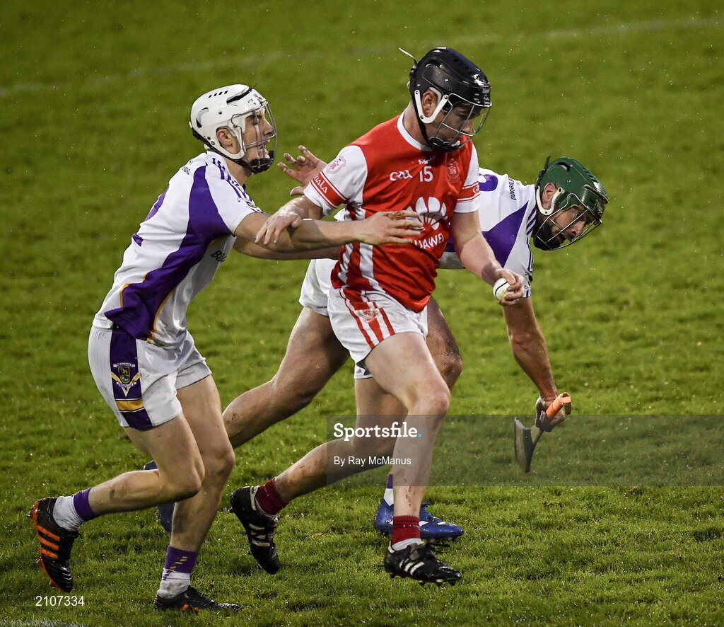 31 October 2021; Cillian Sheanon of Cuala is tackled by Davy Crowe, left, and Brian Sheehy of Kilmacud Crokes during the Go Ahead Dublin County Senior Club Hurling Championship Semi-Final match between Cuala and Kilmacud Crokes at Parnell Park in Dublin. Photo by Ray McManus/Sportsfile