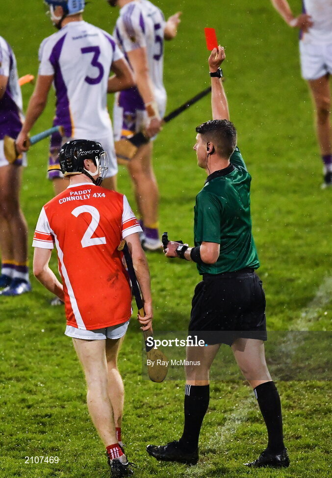 31 October 2021; Referee Sean Stack shows a red card to Michael Conroy of Cuala in the last minute of the Go Ahead Dublin County Senior Club Hurling Championship Semi-Final match between Cuala and Kilmacud Crokes at Parnell Park in Dublin. Photo by Ray McManus/Sportsfile