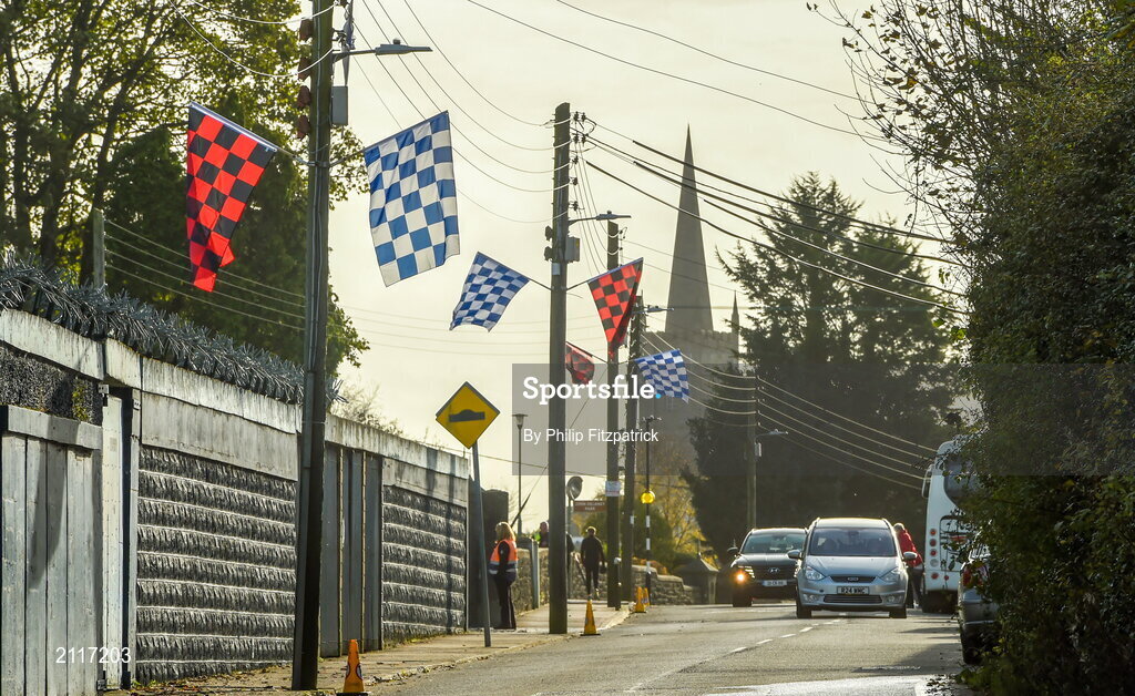 7 November 2021; Flags of the colours of Scotstown and Truagh are seen outside the ground before the Monaghan County Senior Club Football Championship Final match between Scotstown and Truagh at St Tiernachs Park in Clones, Monaghan. Photo by Philip Fitzpatrick/Sportsfile