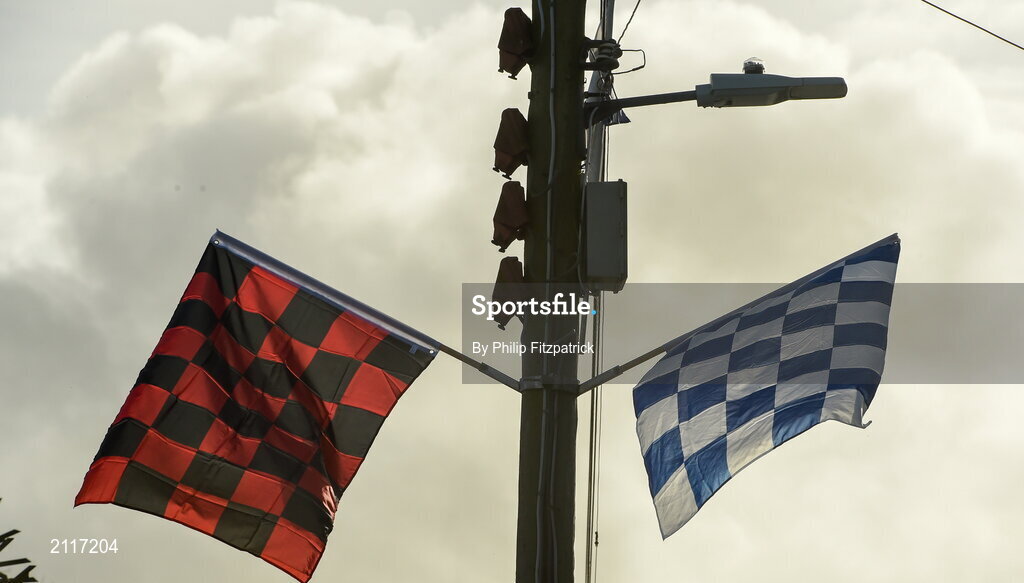7 November 2021; Flags of the colours of Scotstown and Truagh are seen outside the ground before the Monaghan County Senior Club Football Championship Final match between Scotstown and Truagh at St Tiernachs Park in Clones, Monaghan. Photo by Philip Fitzpatrick/Sportsfile