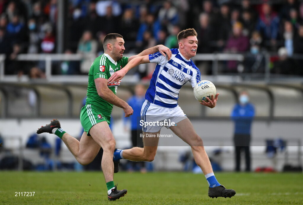7 November 2021; Jack Cleary of Naas in action against Ben McCormack of Sarsfields during the Kildare County Senior Club Football Championship Final match between Naas and Sarsfields at St Conleth's Park in Newbridge, Kildare. Photo by Daire Brennan/Sportsfile