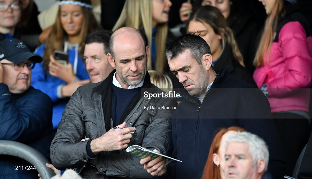 7 November 2021; Kildare selectors Dermot Earley, left, and John Doyle study the match programme before the Kildare County Senior Club Football Championship Final match between Naas and Sarsfields at St Conleth's Park in Newbridge, Kildare. Photo by Daire Brennan/Sportsfile