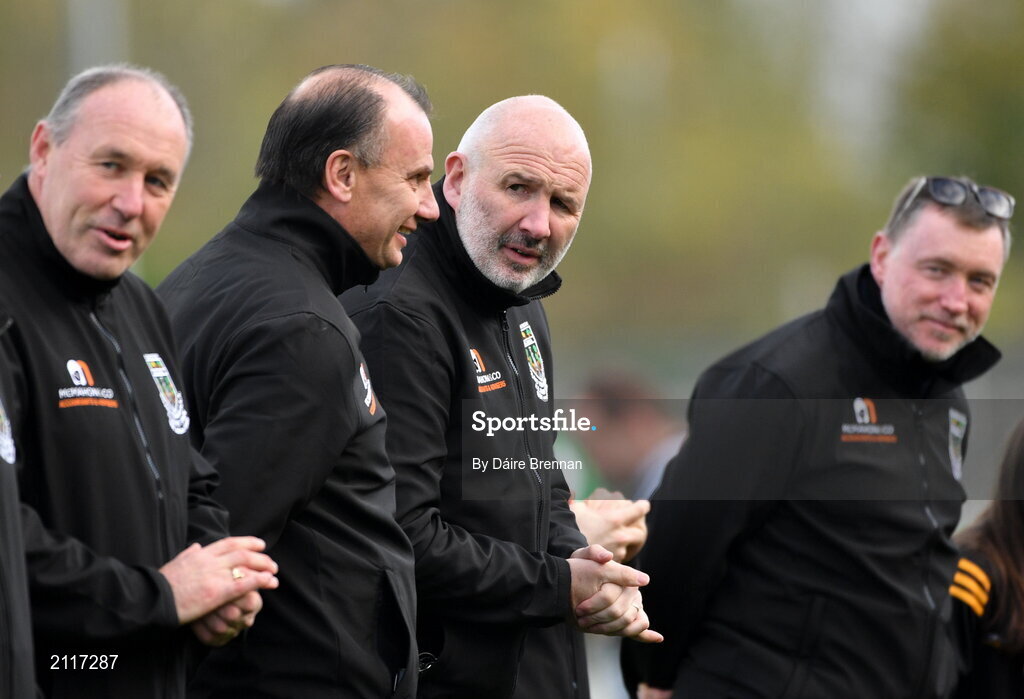 7 November 2021; Kildare manager Glenn Ryan with his 1996 jubilee Round Towers team as they are presented to the crowd at half time during the Kildare County Senior Club Football Championship Final match between Naas and Sarsfields at St Conleth's Park in Newbridge, Kildare. Photo by Daire Brennan/Sportsfile