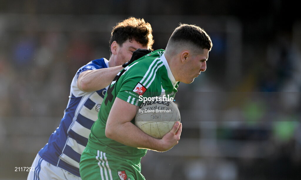 7 November 2021; Cian Costigan of Sarsfields in action against Paul Sullivan of Naas during the Kildare County Senior Club Football Championship Final match between Naas and Sarsfields at St Conleth's Park in Newbridge, Kildare. Photo by Daire Brennan/Sportsfile