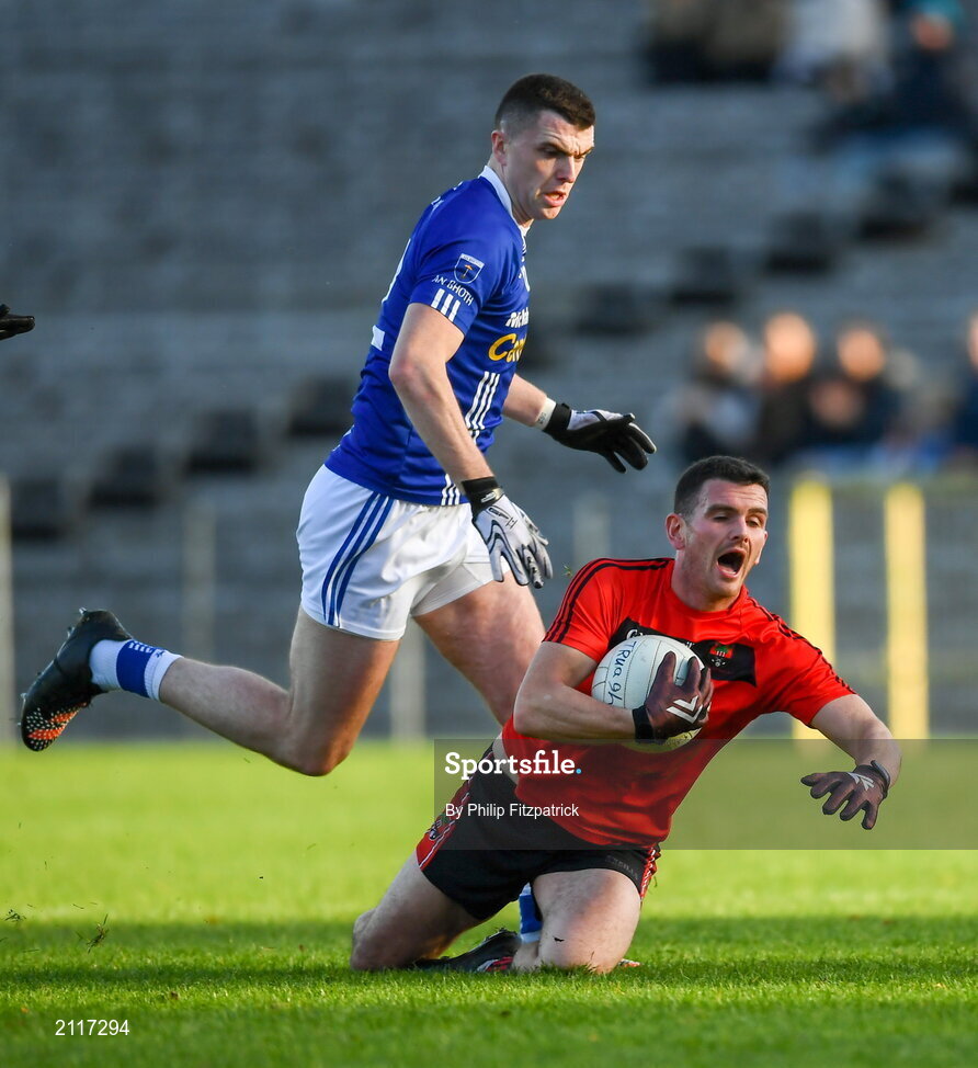 7 November 2021; Aidan Coyle of Truagh in action against Mick McCarville of Scotstown  during the Monaghan County Senior Club Football Championship Final match between Scotstown and Truagh at St Tiernachs Park in Clones, Monaghan. Photo by Philip Fitzpatrick/Sportsfile