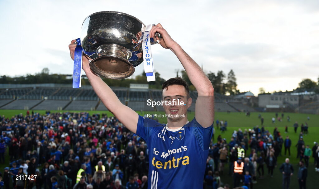 7 November 2021; Shane Carey of Scotstown lifts the Mick Duffy cup after the Monaghan County Senior Club Football Championship Final match between Scotstown and Truagh at St Tiernachs Park in Clones, Monaghan. Photo by Philip Fitzpatrick/Sportsfile