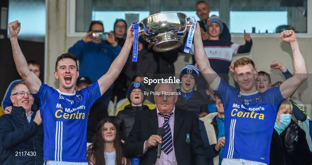 7 November 2021; Shane Carey and Kieran Hughes of Scotstown lifts the Mick Duffy cup after the Monaghan County Senior Club Football Championship Final match between Scotstown and Truagh at St Tiernachs Park in Clones, Monaghan. Photo by Philip Fitzpatrick/Sportsfile